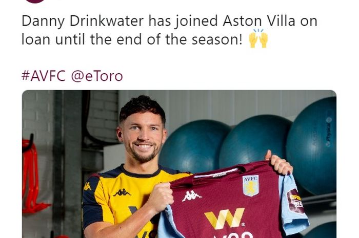 Akun Twitter Aston Villa mengumumkan peminjaman Danny Drinkwater dari Chelsea, Selasa (7/1/2020).