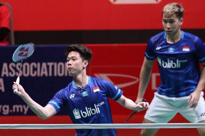 Marcus Fernaldi Gideon/Kevin Sanjaya Sukamuljo saat tampil pada babak pertama Malaysia Masters 2020, di Axiata Arena, Kuala Lumpur, Malaysia, Rabu (8/1/2020).