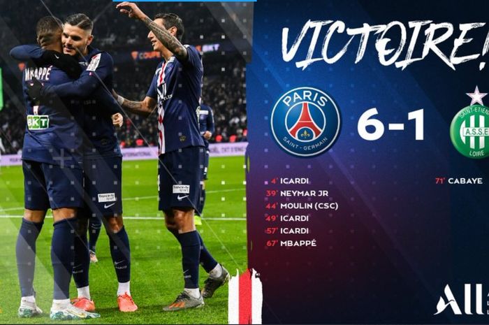 PSG menang 6-1 atas St. Etienne di babak perempat final Piala Liga Prancis, Rabu (8/1/2020) di Parc des Princes.
