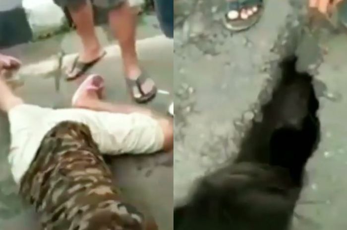 Balita masuk ke dalam lubang di jalan.