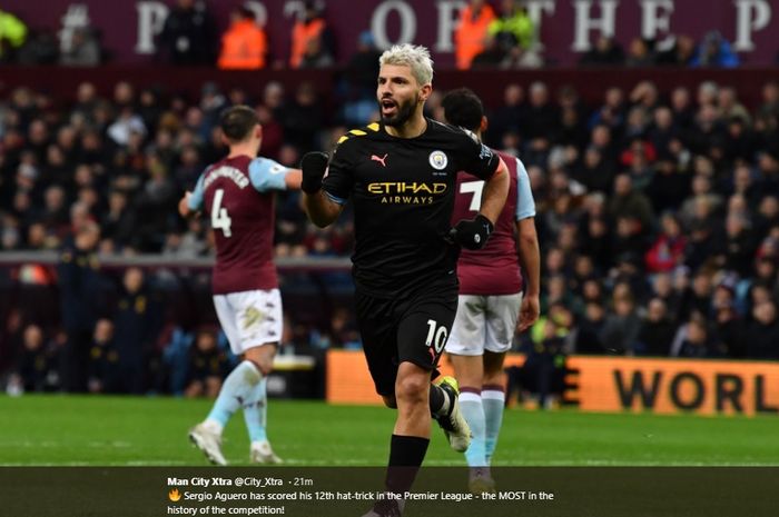 Sergio Aguero merayakan gol yang dicetaknya ke gawang Aston Villa di kompetisi Liga Inggris.