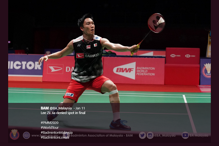 Pemain bulu tangkis Jepang, Kento Momota, saat beraksi di Malaysia Masters 2020.