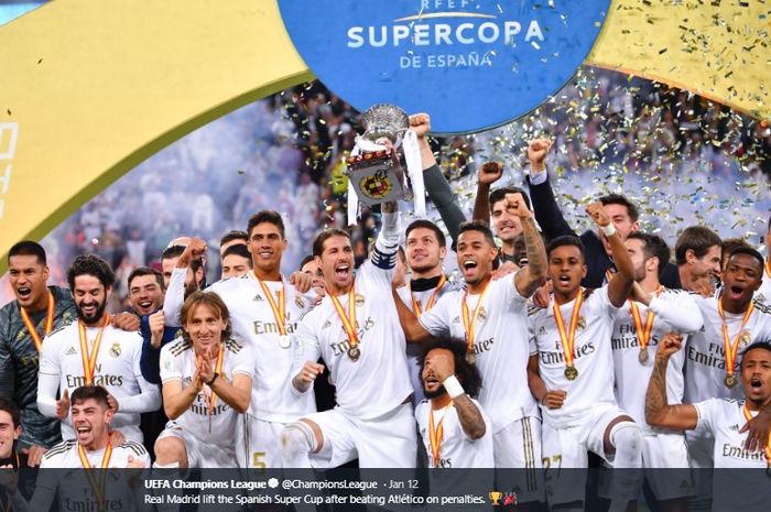 Para pemain Real Madrid sukses merengkuh gelar Piala Super Spanyol usai menundukkan Atletico Madrid di partai final, Minggu (12/1/2020).