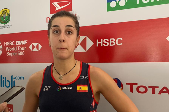 Pebulu tangkis tunggal putri Spanyol, Carolina Marin, ketika ditemui di mixed zone selepas pertandingan babak pertama Indonesia Masters 2020.