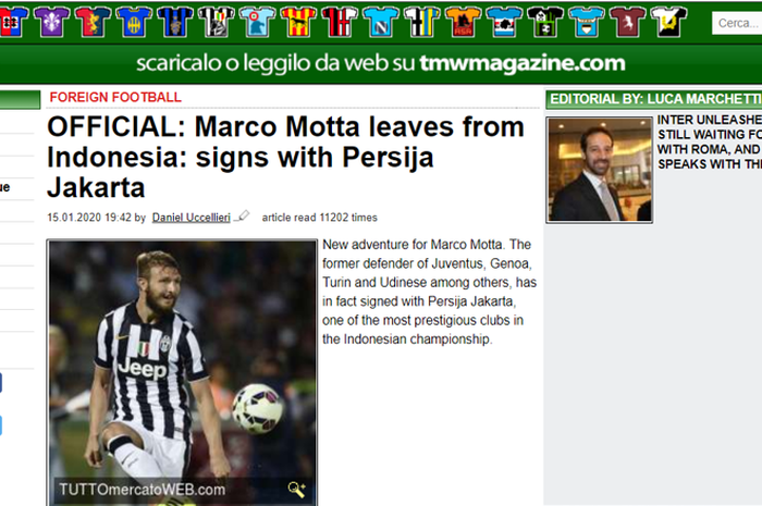 Berita tentang kepindahan Marco Motta ke Persija Jakarta di salah satu media olahraga Italia, TuttomercatoWeb.com.