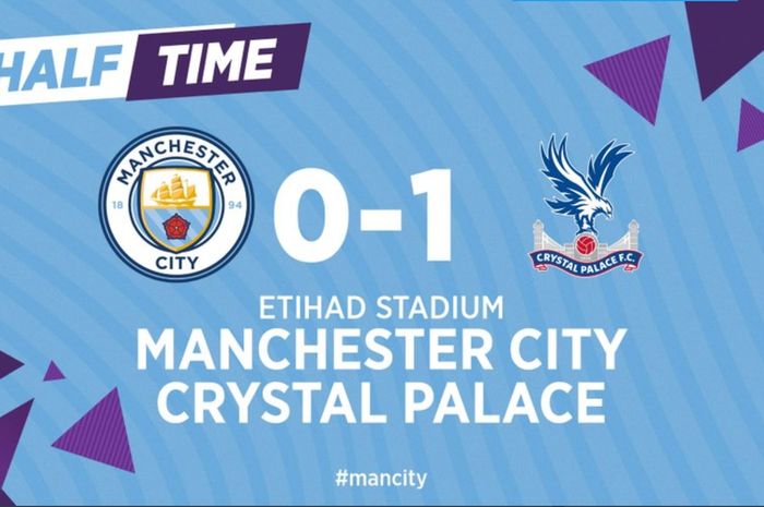 Babak pertama laga Manchester City kontra Crystal Palace pada pekan ke-23 Liga Inggris berakhir imbang 0-0, Sabtu (18/1/2020) di Stadion Etihad.