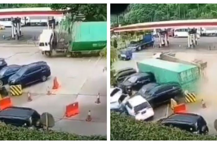 Viral Video Detik-detik Truk Kontainer Terbalik dan Menimpa 7 Mobil, Netizen: Dikata Mobil yang Dibawa Kecil Kali Ya Mau Ngedrift di Rest Area