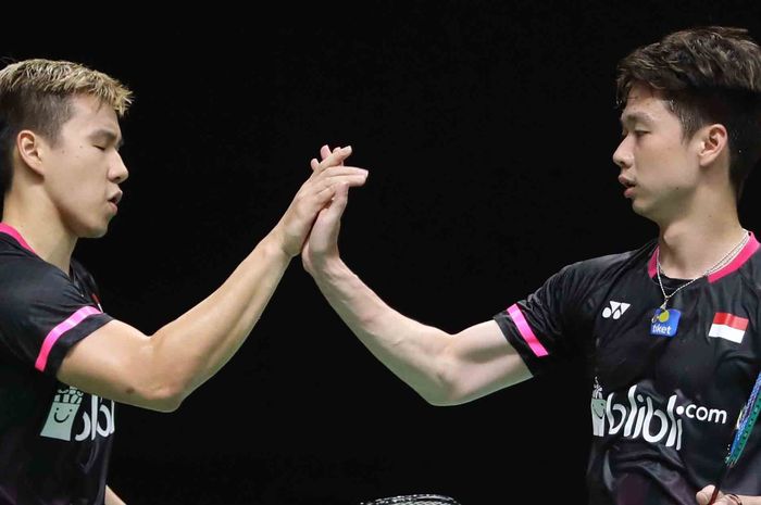 Ganda putra Indoesia, Kevin Sanjaya Sukamuljo/Marcus Fernaldi Gideon, saat tampil di babak semi final Indonesia Masters 2020.