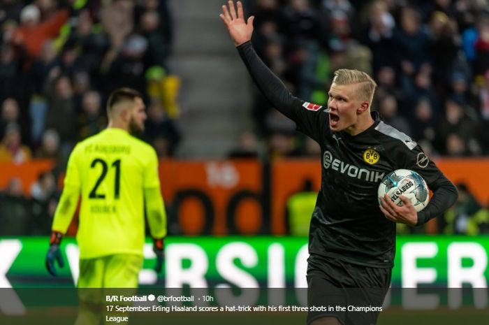 Ekspresi Erling Braut Haaland usai menjebol gawang lawan ketika membantu Borussia Dortmund menang comeback 5-3 atas Augsburg dalam lanjutan pertandingan Bundesliga.