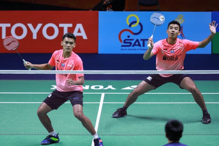 Ganda putra Indonesia,  Bagas Maulana/Muhammad Shohibul Fikri saat berlaga pada babak kualifikasi Thailand Masters 2020, Selasa (21/1/2020)