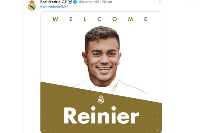 Reinier saat diumumkan bergabung dengan Real Madrid pada Senin (20/1/2020).