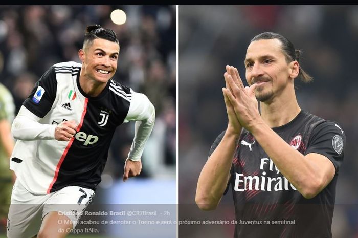 Cristiano Ronaldo (kiri) dan Zlatan Ibrahimovic bersiap duel dalam semifinal Coppa Italia antara Juventus dan AC Milan.