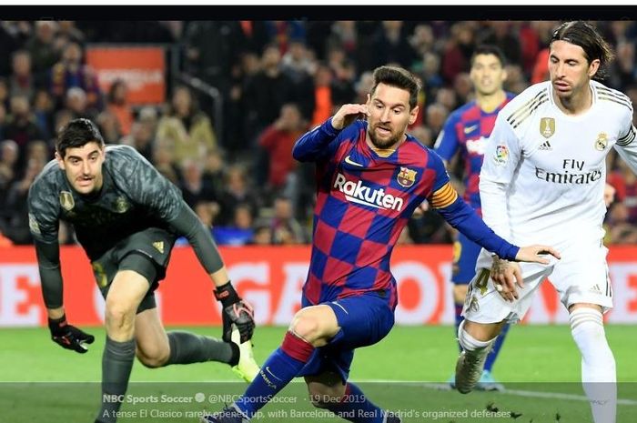 Lionel Messi mengejar bola dalam pertandingan Barcelona melawan Real Madrid. Kedua tim berpotensi bertemu di perempat final Copa del Rey 2019-2020.