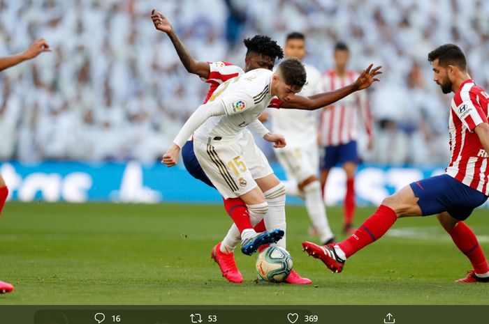 Duel Real Madrid  kontra Atletico Madrid pada pekan ke-22 Liga Spanyol, Sabtu (1/2/2020) di Santiago Bernabeu, masih 0-0 pada babak pertama.