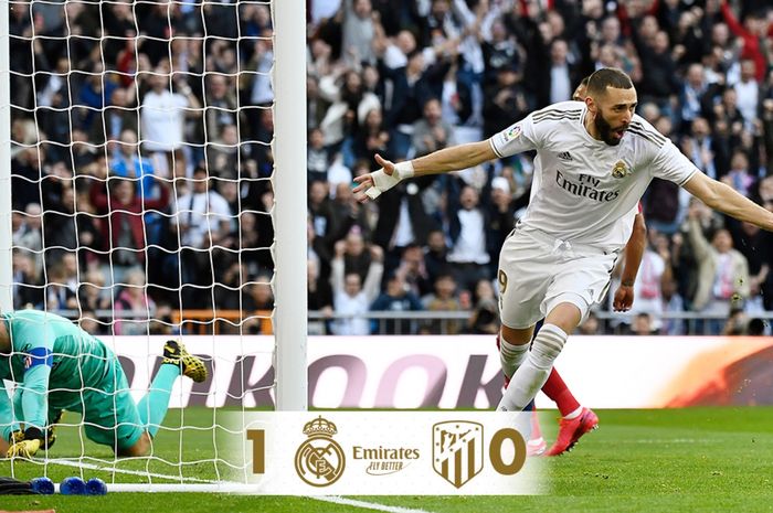 Karim Benzema mencetak gol buat Real Madrid dalam laga melawan Atletico Madrid pada pekan ke-22 Liga Spanyol, Sabtu (1/2/2020), di Santiago Bernabeu.