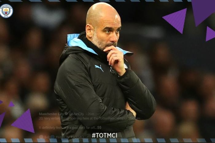 Ekspresi Pep Guardiola di laga Tottenham Hotspur Vs Manchester City, Minggu (22/2/2020).