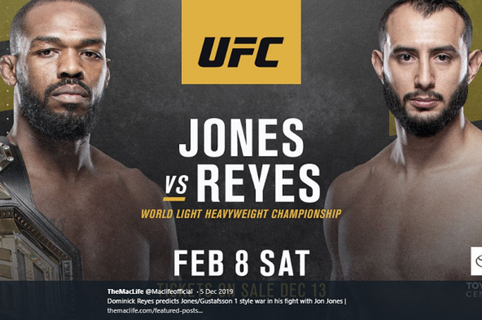 Poster UFC 247, Jon Jones vs Dominick Reyes yang digelar di Toyota Center, Houston, Texas, AS, Minggu (9/2/2020) waktu Indonesia. 