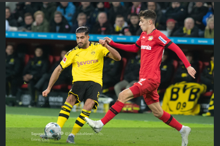 Emre Can (kiri) mencetak gol spektakuler dalam debutnya untuk Borussia Dortmund kontra Bayer Leverkusen, 8 Februari 2020.