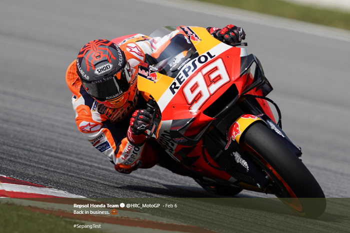 Pembalap Repsol Honda, Marc Marquez, saat beraksi dalam tes pramusim MotoGP 2020 di Sepang, Malaysia, selama Jumat-Minggu (7-9/2/2020). 