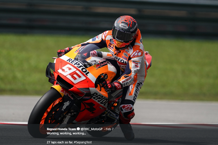 Pembalap Repsol Honda, Marc Marquez, saat beraksi dalam tes pramusim MotoGP 2020.