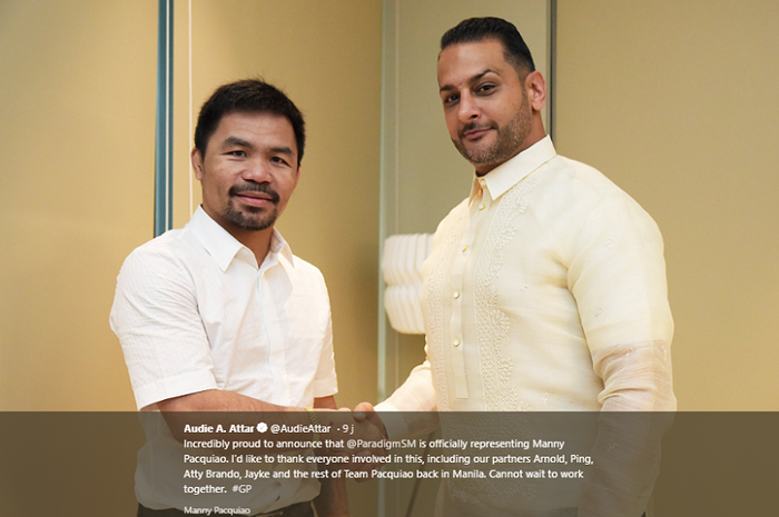 Manny Pacquiao (kiri) dan CEO Paradigm Sports Management, Audie Attar (kanan). Selain Manny Pacquiao, Paradigm juga menaungi petarung bintang UFC, Conor McGregor.