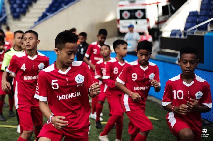 Para peserta Danone Nations Cup 2019 asal Indonesia, bersiap melawan Prancis.