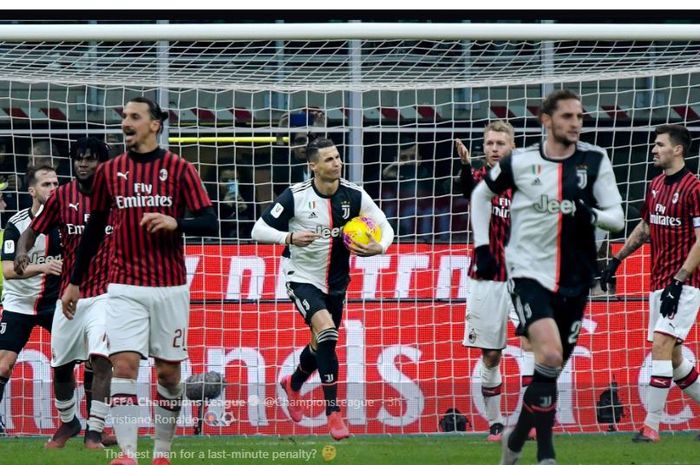 Cristiano Ronaldo mencetak gol penyelamat Juventus dari kekalahan di kandang AC Milan dalam laga Coppa Italia di San Siro, 13 Februari 2020.