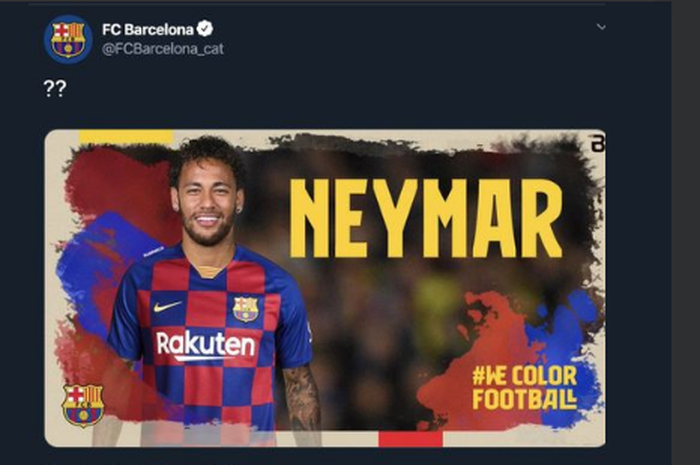 Tampilan postingan akun Twitter Barcelona yang diduga kena retas.
