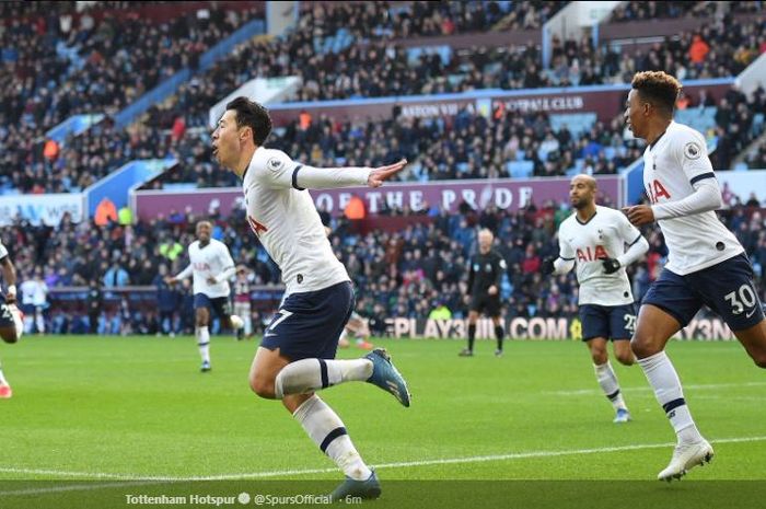 Penyerang Tottenham Hotspur, Son Heung-min, saat merayakan gol yang dicetak ke gawang Aston Villa pada laga Liga Inggris, Minggu (16/2/2020).