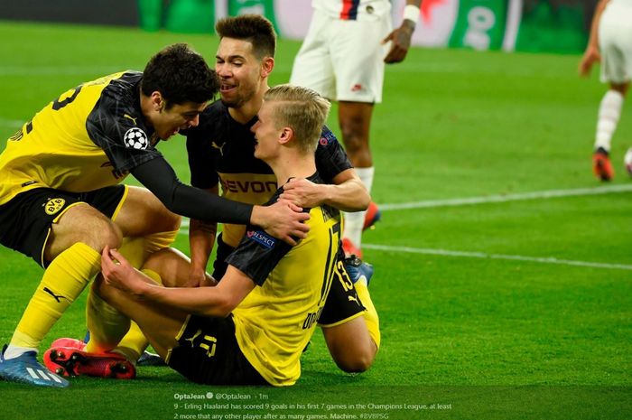 Erling Haaland mencetak gol Borussia Dortmund ke gawang PSG dalam partai Liga Champions di Signal Iduna Park, 18 Februari 2020.