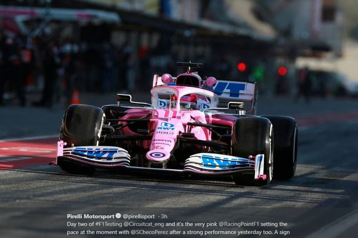 Pembalap Racing Point, Sergio Perez, saat sesi tes pramusim F1 2020 di Barcelona, Spanyol, Kamis (20/2/2020)
