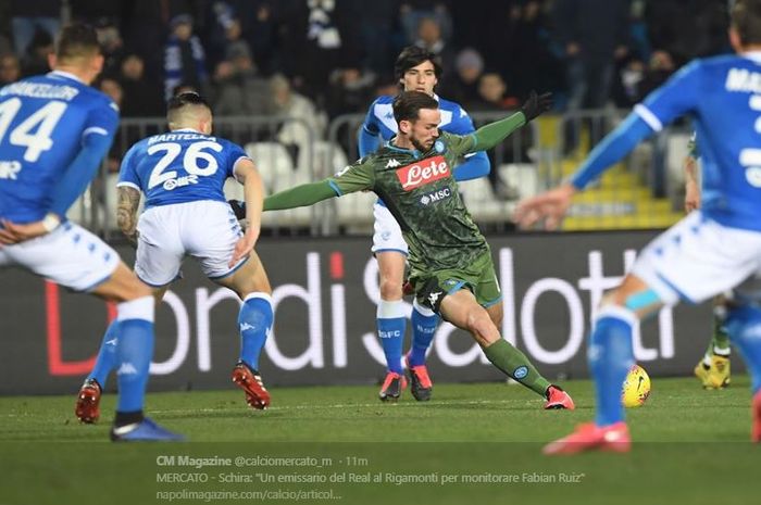 Fabian Ruiz saat mencetak gol ke gawang Brescia pada laga pekan ke-25 Liga Italia di Stadio Mario Rigamonti, Jumat (22/2/2020) atau Sabtu dini hari WIB. 