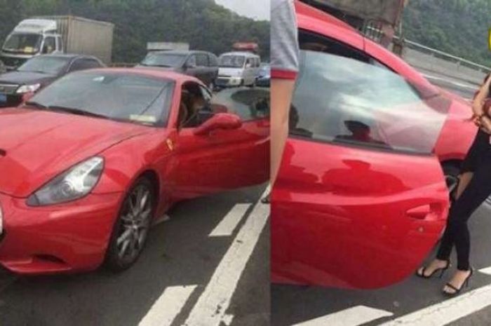 Wanita tabrak mobil di depannya