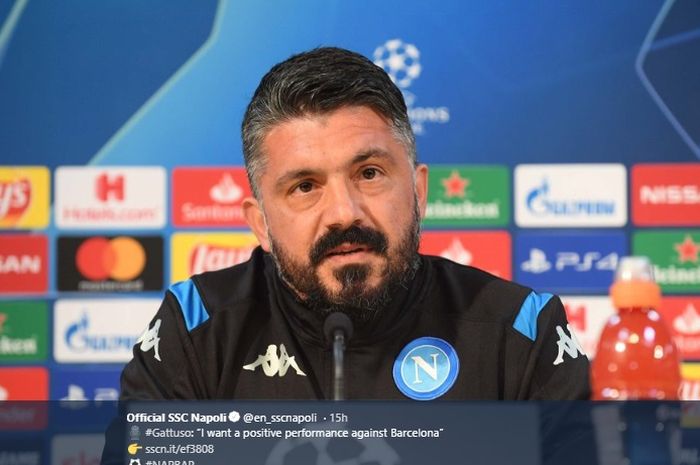 Pelatih Napoli, Gennaro Gattuso, bericara pada konferensi pers menjelang laga Napoli Vs Barcelona, Selasa (25/2/2020).