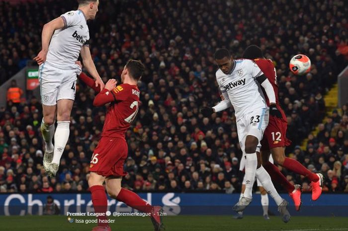 Issa Diop di laga Liverpool Vs West Ham di Anfield pada pekan ke-27 Liga Inggris, Senin (24/2/2020) atau Selasa dini hari WIB.