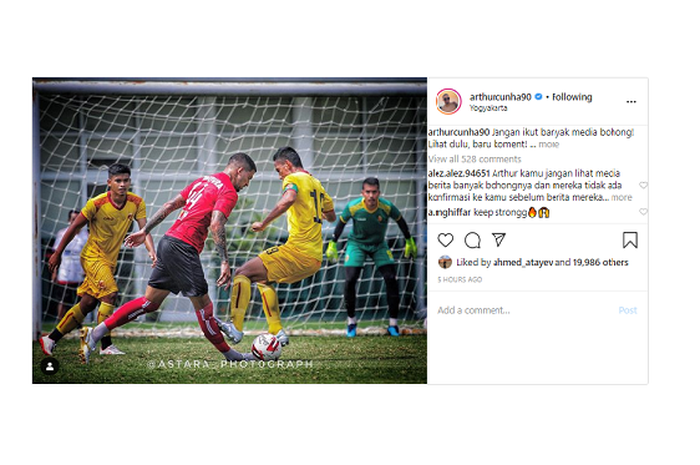 Unggahan Instagram Arthur Cunha terkait tekel horor yang diterimanya saat membela Persipura Jayapura melawan Sriwijaya FC pada laga uji coba jelang Liga 1 2020