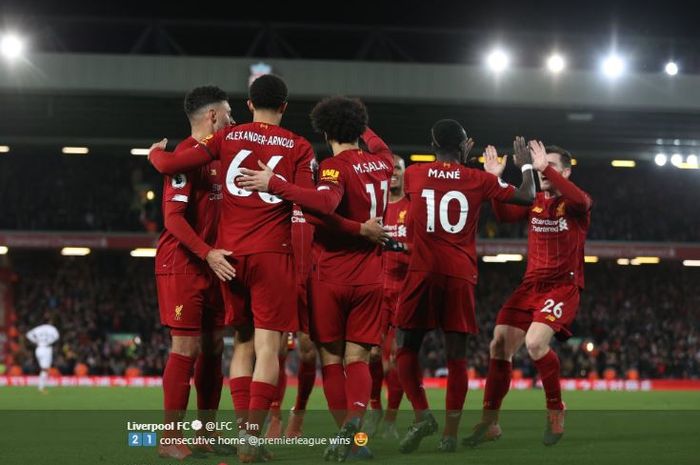 Selebrasi pemain Liverpool usai kalahkan West Ham 3-2 di Anfield pada pekan ke-27 Liga Inggris, Senin (24/2/2020) atau Selasa dini hari WIB. 