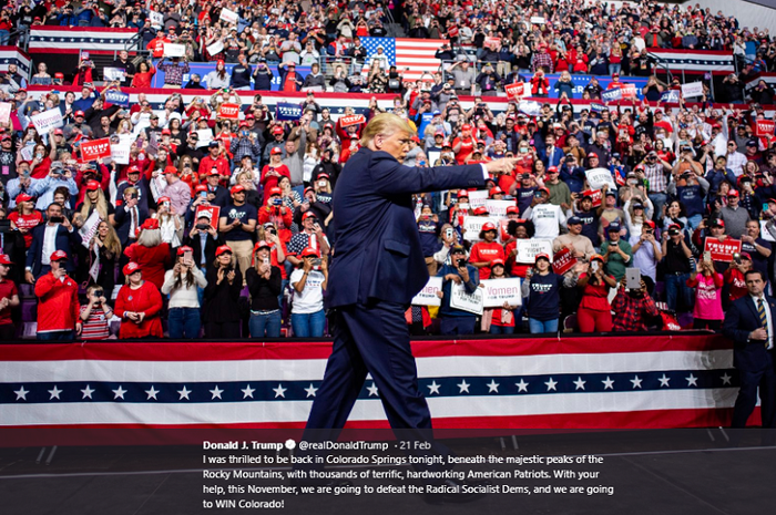 Presiden Amerika Serikat, Donald Trump, saat berkampanye di Colorado demi memenangkan pemilu pada November 2020.