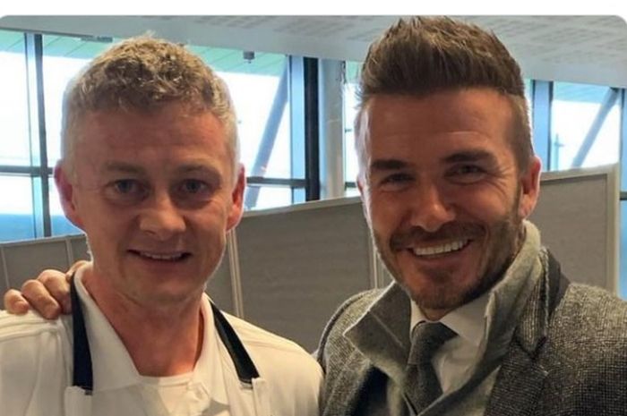 David Beckham berfoto bersama pelatih Manchester United, Ole Gunnar Solskjaer.