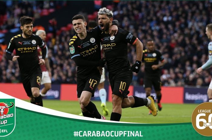 Sergio Aguero, merayakan gol dalam laga final Piala Liga Inggris atau Carabao Cup antara Aston Villa melawan Manchester City, Minggu (1/3/2020) di Wembley, London.
