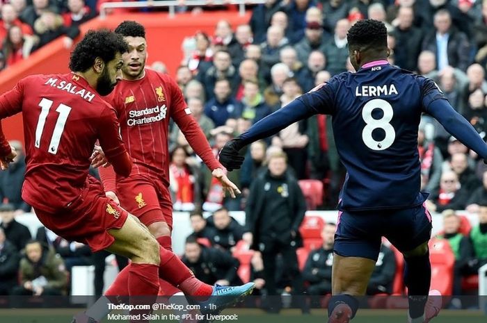 Mohamed Salah mencetak gol penyeimbang bagi Liverpool pada pertandingan melawan Bournemouth di Stadion Anfield, Sabtu (7/3/2020).