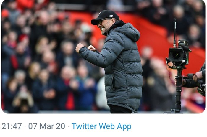 Ekspresi pelatih Liverpool, Juergen Klopp, saat timnya sukses meraih kemenangan 2-1 atas Bournemouth pada laga pekan ke-29 Liga Inggris, Sabtu (7/3/2020).