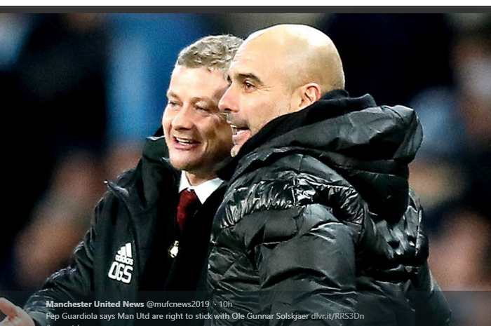 Pep Guardiola (kanan) dan Ole Gunnar Solskjaer.