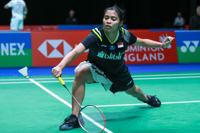 Pemain tunggal putri Indonesia, Gregoria Mariska Tunjung, saat beraksi di babak pertama turnamen All England Open 2020 yang berlangsung di Arena Birmingham, Inggris, Rabu (11/3/2020).