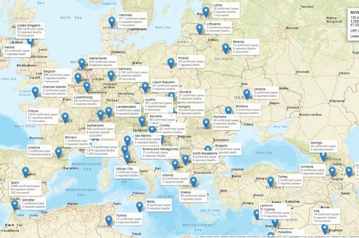 Peta Sebaran Virus Corona di Benua Eropa per tanggal 13 Maret 2020.