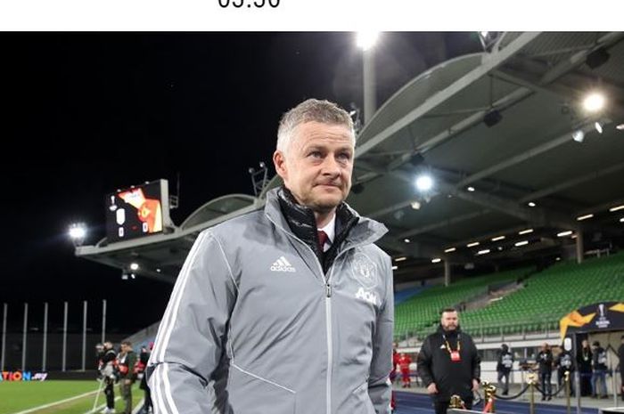 Ekspresi pelatih Manchester United, Ole Gunnar Solskjaer, dalam laga leg pertama babak 16 besar Liga Europa kontra LASK di Stadion Linzer, Kamis (12/3/2020).