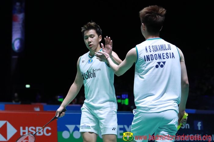 Marcus Fernaldi Gideon/Kevin Sanjaya Sukamuljo beraksi pada babak kedua All England Open 2020 yang dihelat di Arena Birmingham, Inggris, Kamis (12/3/2020).