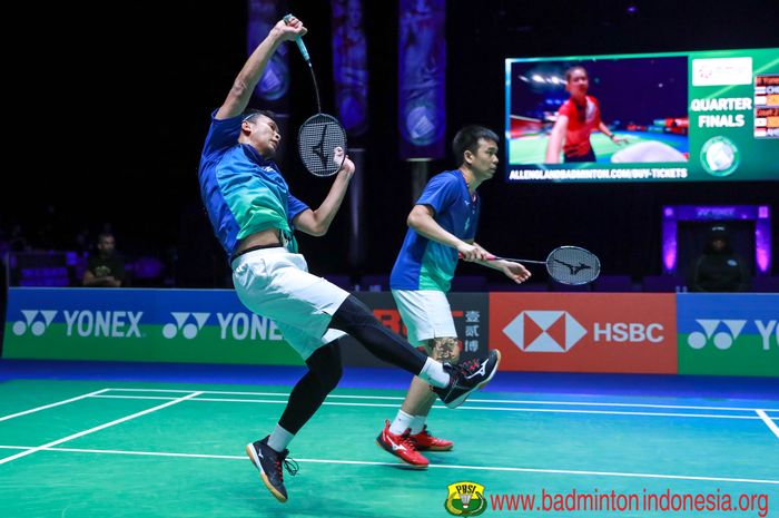 Mohammad Ahsan/Hendra Setiawan tampil di babak perempat final All England Open 2020 di Arena Birmingham, Inggris, Jumat (13/3/2020).