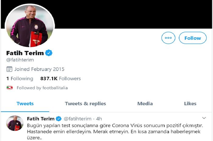 Pernyataan Fatih Terim positif terjangkit virus corona di akun Twitter-nya.