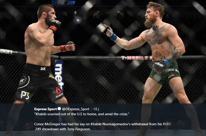 Khabib Nurmagomedov (kanan) dan Conor McGregor (kiri) saat keduanya saling berhadapan dalam ajang UFC 229 di T-Mobile Arena, Las Vegas, Nevada, AS, Oktober 2018.